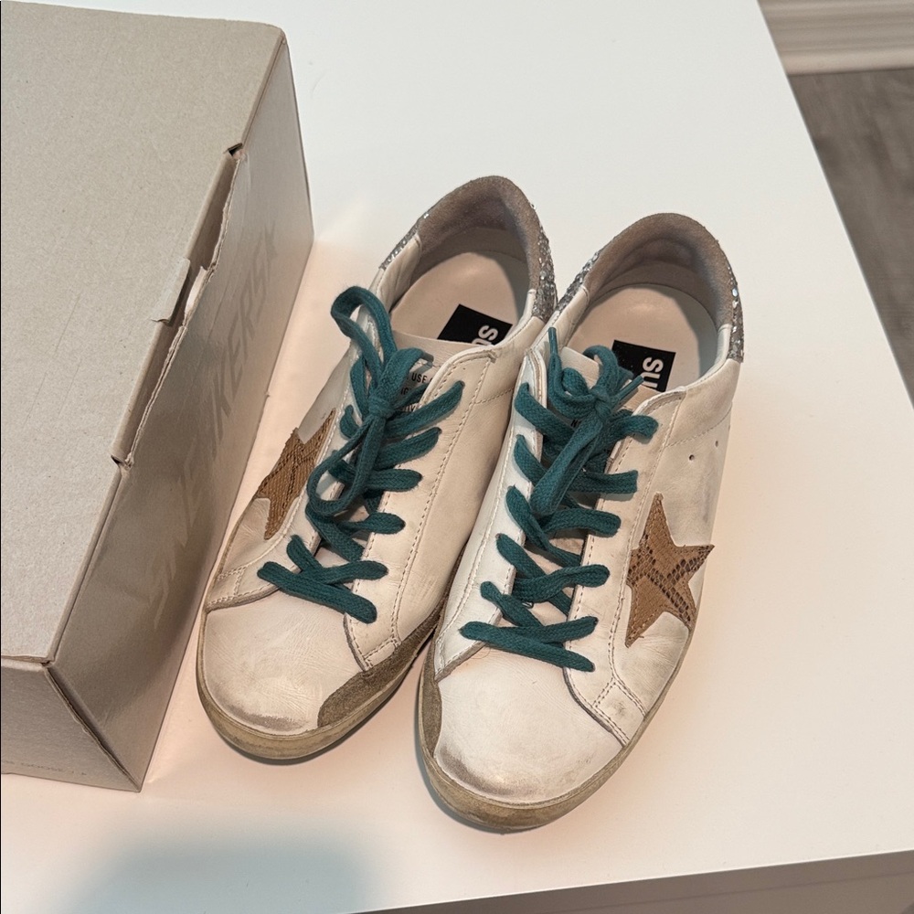 Golden Goose White Sneakers with Teal Laces and Brown Star